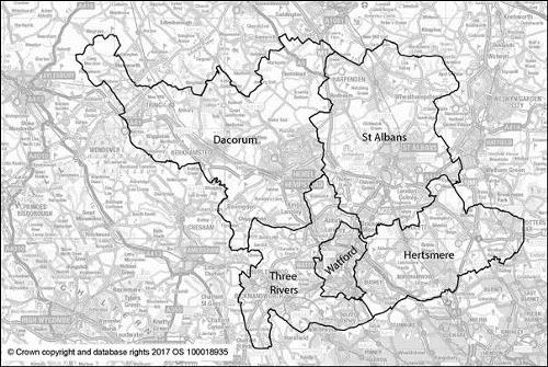 Map of local authorities in South West Herts taking part in a Joint Strategic Plan